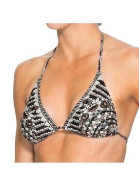 Athleta Martina Geometric Print String Triangle Bikini Top XS Black White Tan